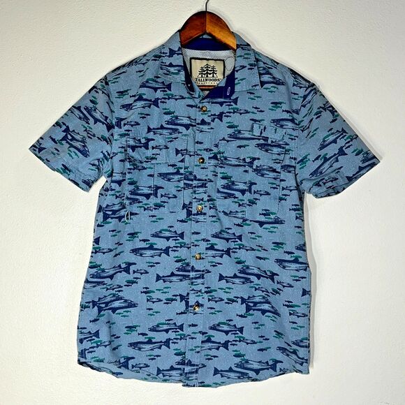 Tallwoods Mens Shirt Medium Blue Element Wear Button Up Short Sleeve Vented Fish - Picture 1 of 10